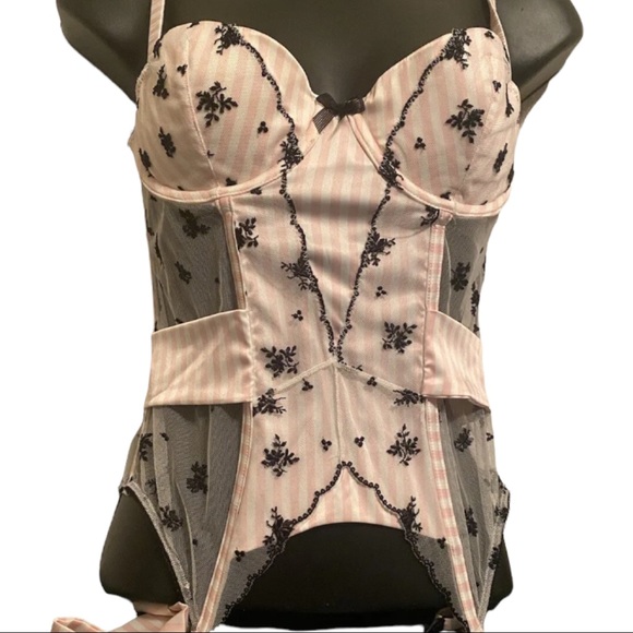 Victoria's Secret Corset Pink/White Black Garter Size 34B